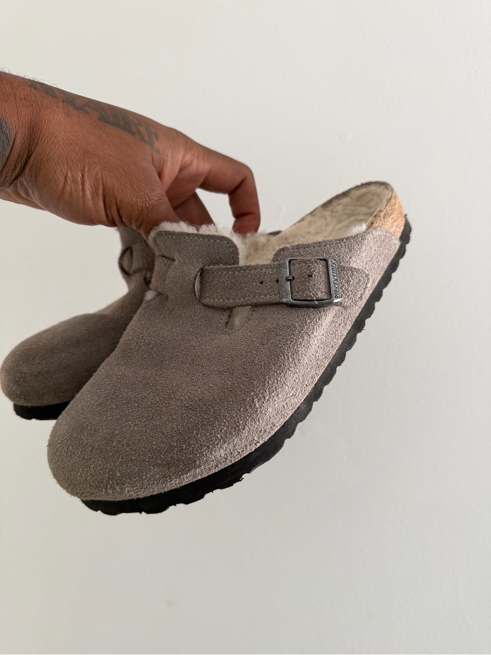 Birkenstock Taupe Suede Shearling-Lined Slip-On Clog womens size 9